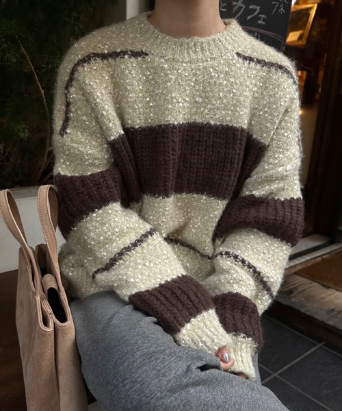lawgy(ラウジー)の「drop shoulder mix random border knit / ドロップショルダーミックスランダムボーダーニット(ニット/セーター・レディース・ブラウン/ミント・FREE)」の18枚目の写真