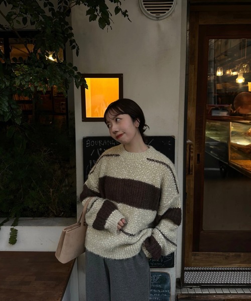 lawgy(ラウジー)の「drop shoulder mix random border knit / ドロップショルダーミックスランダムボーダーニット(ニット/セーター・レディース・ブラウン/ミント・FREE)」の19枚目の写真