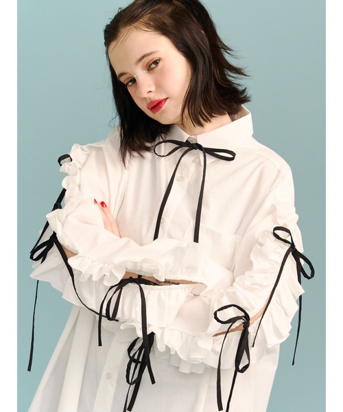 ショルダーフリルリボンタイBIGシャツ（シャツ/ブラウス）｜jouetie