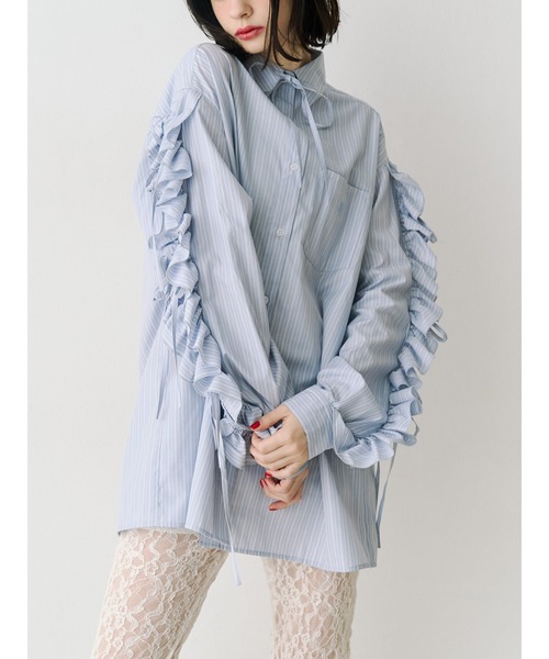 jouetie（ジュエティ）の「ショルダーフリルリボンタイBIGシャツ　夏服（シャツ/ブラウス・レディース・ブルー/オフホワイト/ピンク・MEDIUM）」の12枚目の写真