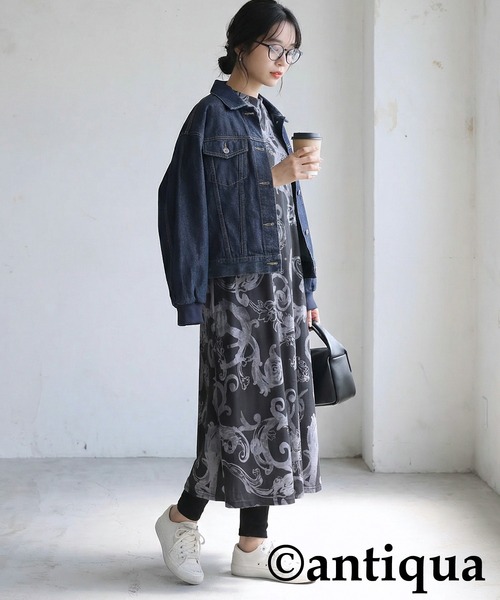 antiqua(アンティカ)の「ボタニカル柄 ロングワンピース(ワンピース・レディース・ブラック・ONESIZE)」の6枚目の写真