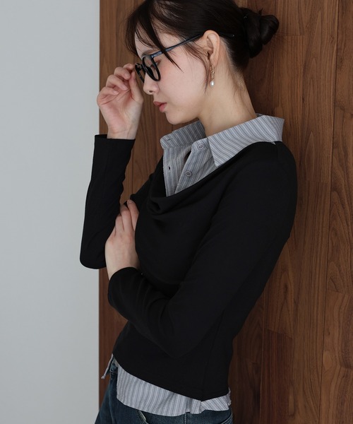 J by blue(ジェイバイブルー)の「シャツレイヤードドレープトップス(Tシャツ/カットソー・レディース・グレー/オフホワイト/ブラック・MEDIUM)」の16枚目の写真