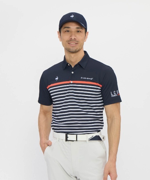 le coq sportif GOLF(ルコックスポルティフゴルフ)の「【le coq sportif GOLF】吸汗速乾/消臭/UV CUT(UPF50+)/遮熱/高通気/ストレッチ パネルボーダー柄半袖ポロシャツ ゴルフウェア(ポロシャツ・メンズ・ホワイト/ネイビー・L/M/XL/3L)」の1枚目の写真