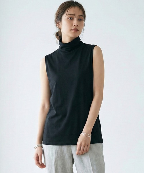 Belta attrice(ベルタアトリーチェ)の「【LLサイズ/接触冷感】ボトルネック ハイツイストコットン インナー ノースリーブ カットソー/袖なし(タンクトップ・レディース・カーキ/ブラック/ダークオレンジ/ロイヤルブルー/ライトグレー・LL/2L)」の2枚目の写真