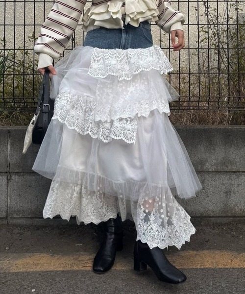denim yoke lace irregular tiered SK（スカート）｜WILLFULLY（ウィル