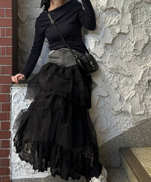 denim yoke lace irregular tiered SK（スカート）｜WILLFULLY（ウィル