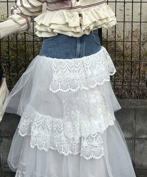 WILLFULLY（ウィルフリー）の「denim yoke lace irregular tiered SK（スカート・レディース・ブラック/ライトブルー・S/M）」の7枚目の写真