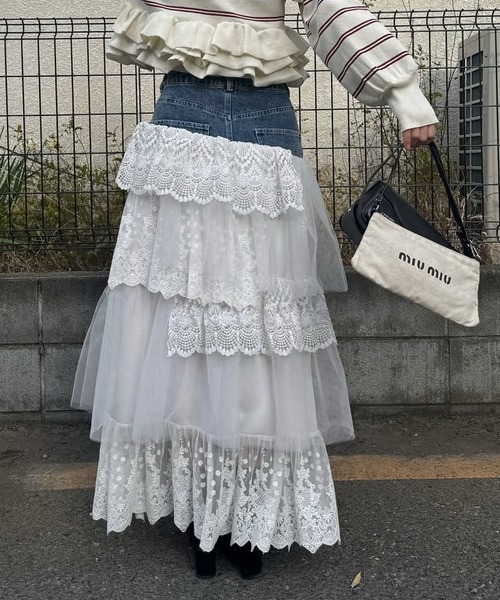WILLFULLY（ウィルフリー）の「denim yoke lace irregular tiered SK（スカート・レディース・ブラック/ライトブルー・S/M）」の16枚目の写真