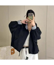 韓国風 チェック配色 スタンドカラー ショートブルゾン