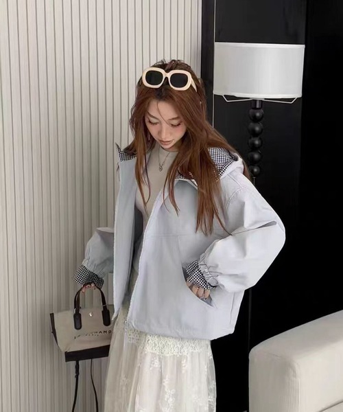 nonomi(ノノミ)の「韓国風 チェック配色 スタンドカラー ショートブルゾン(ナイロンジャケット・レディース・ブラック/ブルー系その他7・FREE)」の3枚目の写真