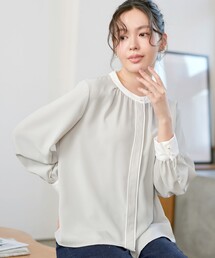 イージーケア配色スタンドカラーブラウス