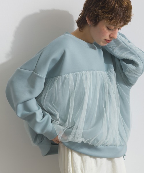 Fizz(フィズ)の「ダンボールチュールワイドプルオーバー(スウェット・レディース・ライトブルー/アイボリー/ブラック・M)」の1枚目の写真