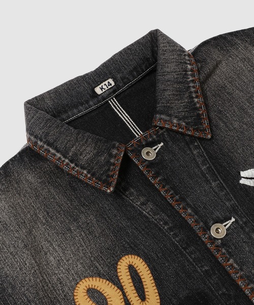 KHOKI（コッキ）の「Hand-Embroidered Denim Coverall（デニムジャケット・メンズ・ブラック/インディゴブルー・3）」の11枚目の写真