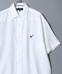 Cat & Heart Embroidery Short-Sleeve Poly Twill Shirt /猫&ハート ワンポイント刺繍 半袖シャツ メンズ レディース トップス オーバーサイズ ねこ ネコ
