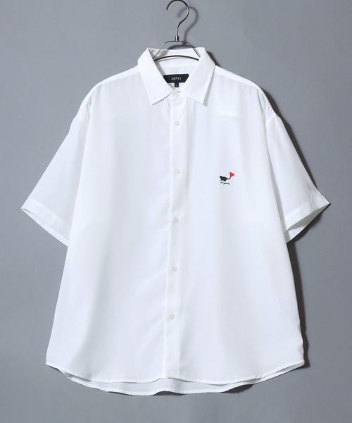 ANPAS(アンパス)の「Cat & Heart Embroidery Short-Sleeve Poly Twill Shirt /猫&ハート ワンポイント刺繍 半袖シャツ メンズ レディース トップス オーバーサイズ ねこ ネコ(シャツ/ブラウス・メンズ・ブラック系3/ホワイト系3/ブラック系2/ブラック系1/ブラック系/ホワイト系2/ホワイト系1/ホワイト系・L/M)」の13枚目の写真