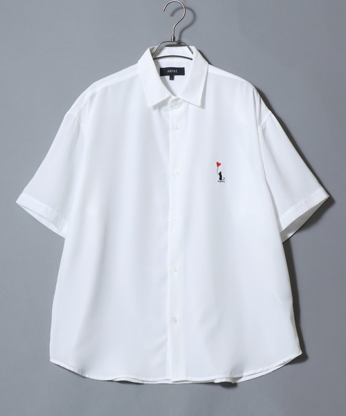 ANPAS(アンパス)の「Cat & Heart Embroidery Short-Sleeve Poly Twill Shirt /猫&ハート ワンポイント刺繍 半袖シャツ メンズ レディース トップス オーバーサイズ ねこ ネコ(シャツ/ブラウス・メンズ・ブラック系3/ホワイト系3/ブラック系2/ブラック系1/ブラック系/ホワイト系2/ホワイト系1/ホワイト系・L/M)」の9枚目の写真