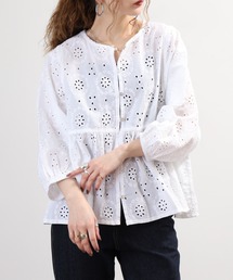 YARRA（ヤラ）の「YARRA 綿100% パイピングレースブラウス インド産コットンレース使用 半端袖（シャツ/ブラウス）」