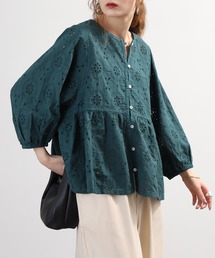 YARRA（ヤラ）の「YARRA 綿100% パイピングレースブラウス インド産コットンレース使用 半端袖（シャツ/ブラウス）」