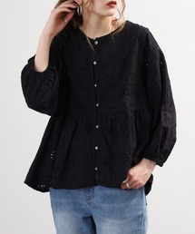 YARRA（ヤラ）の「YARRA 綿100% パイピングレースブラウス インド産コットンレース使用 半端袖（シャツ/ブラウス）」