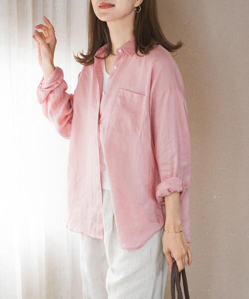 URBAN RESEARCH DOORS（アーバンリサーチドアーズ）の「リネンオーバーシャツ（シャツ/ブラウス・レディース・ストライプ/ピンク/ライトグレー・FREE）」の3枚目の写真