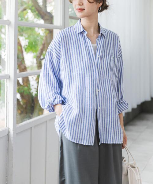 URBAN RESEARCH DOORS（アーバンリサーチドアーズ）の「リネンオーバーシャツ（シャツ/ブラウス・レディース・ストライプ/ピンク/ライトグレー・FREE）」の6枚目の写真