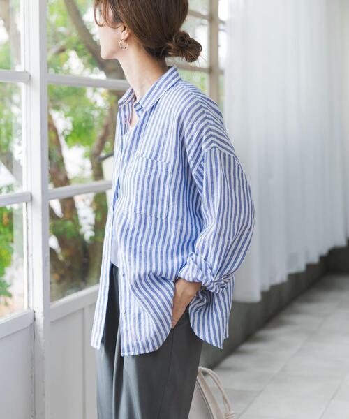 URBAN RESEARCH DOORS（アーバンリサーチドアーズ）の「リネンオーバーシャツ（シャツ/ブラウス・レディース・ストライプ/ピンク/ライトグレー・FREE）」の7枚目の写真