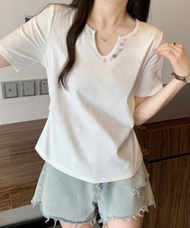 カラーボタンVネックトップス / デザインボタン 半袖カットソー