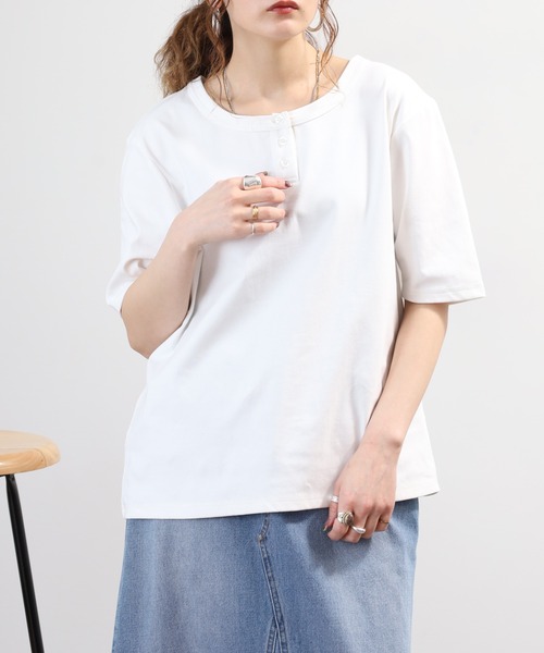 Arinomama(アリノママ)の「Arinomama ヘンリーネック Tシャツ 32sフライス編み 半端袖(Tシャツ/カットソー・レディース・ホワイト/ブラック/カーキ・FREE)」の8枚目の写真