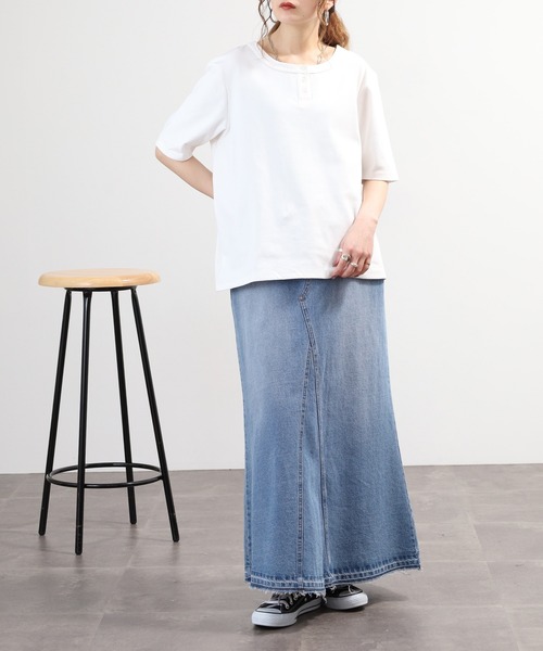 Arinomama(アリノママ)の「Arinomama ヘンリーネック Tシャツ 32sフライス編み 半端袖(Tシャツ/カットソー・レディース・ホワイト/ブラック/カーキ・FREE)」の10枚目の写真