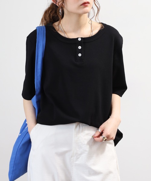 Arinomama(アリノママ)の「Arinomama ヘンリーネック Tシャツ 32sフライス編み 半端袖(Tシャツ/カットソー・レディース・ホワイト/ブラック/カーキ・FREE)」の11枚目の写真