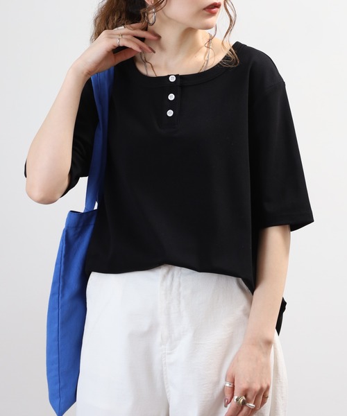 Arinomama(アリノママ)の「Arinomama ヘンリーネック Tシャツ 32sフライス編み 半端袖(Tシャツ/カットソー・レディース・ホワイト/ブラック/カーキ・FREE)」の12枚目の写真