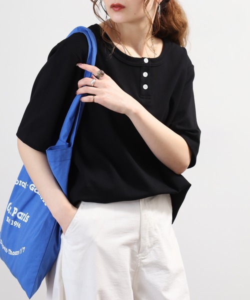 Arinomama(アリノママ)の「Arinomama ヘンリーネック Tシャツ 32sフライス編み 半端袖(Tシャツ/カットソー・レディース・ホワイト/ブラック/カーキ・FREE)」の14枚目の写真