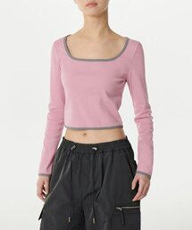 ウィメンズスリムクロップスクエアネックリンガー長袖Tシャツ[ピンク/グレー]