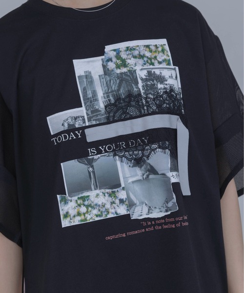 Eimee Law（エイミーロウ）の「フォトコラージュプリント メッシュスリーブTシャツ（Tシャツ/カットソー・レディース・オフホワイト/ブラック/ブラウン・FREE）」の10枚目の写真