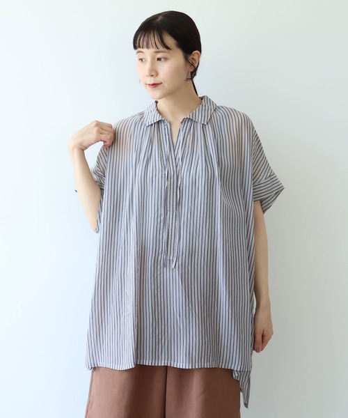 yuni(ユニ )の「washer Cu stripe kaftan tunic shirt(シャツ/ブラウス・レディース・ブルー/ブラウン・FREE)」の1枚目の写真