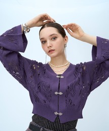 GALLIANO ガリアーノ シアー ボレロ カーディガン カットソー シースルー ロゴ プリーツ加工 アーカイブ 紫 パープル レディース 古着 中古 USED GALLIANO - GALLIANO ガリアーノ シアー ボレロ カーディガン