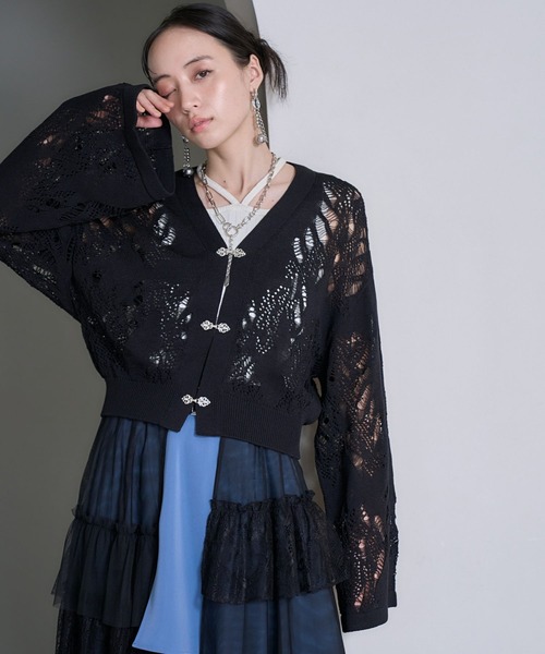 HARE(ハレ)の「スカシアミワイドスリーブ チャイナカナグニットカーディガン(HARE)(カーディガン/ボレロ・レディース・グレー/ブラック/パープル・FREE)」の1枚目の写真
