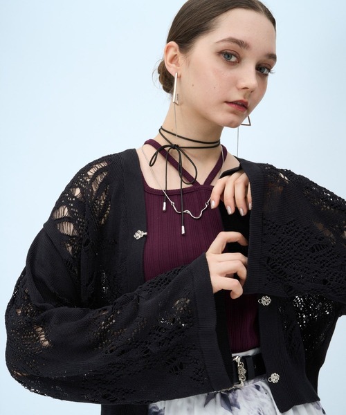 HARE(ハレ)の「スカシアミワイドスリーブ チャイナカナグニットカーディガン(HARE)(カーディガン/ボレロ・レディース・グレー/ブラック/パープル・FREE)」の4枚目の写真