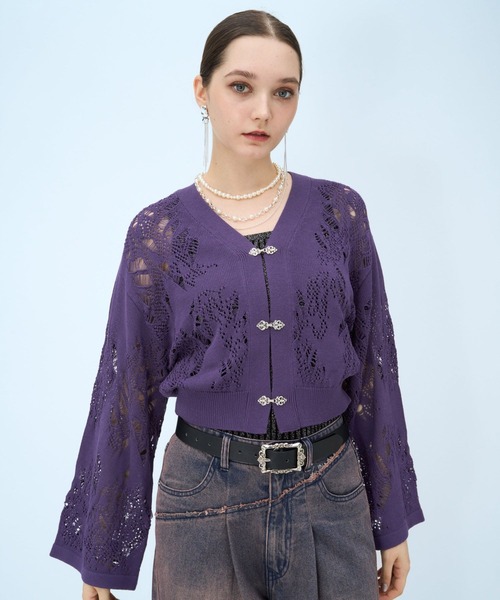 HARE(ハレ)の「スカシアミワイドスリーブ チャイナカナグニットカーディガン(HARE)(カーディガン/ボレロ・レディース・グレー/ブラック/パープル・FREE)」の8枚目の写真