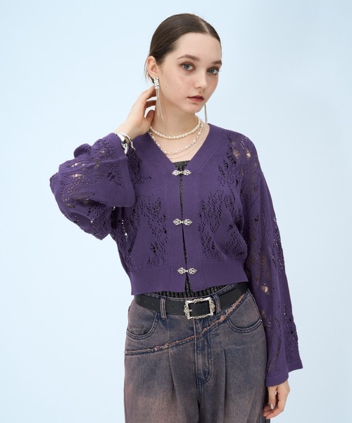 HARE(ハレ)の「スカシアミワイドスリーブ チャイナカナグニットカーディガン(HARE)(カーディガン/ボレロ・レディース・グレー/ブラック/パープル・FREE)」の9枚目の写真