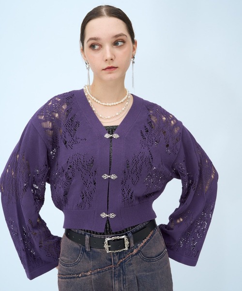 HARE(ハレ)の「スカシアミワイドスリーブ チャイナカナグニットカーディガン(HARE)(カーディガン/ボレロ・レディース・グレー/ブラック/パープル・FREE)」の11枚目の写真