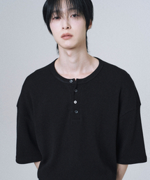 ヘンリーネックワッフル半袖Tシャツブラック