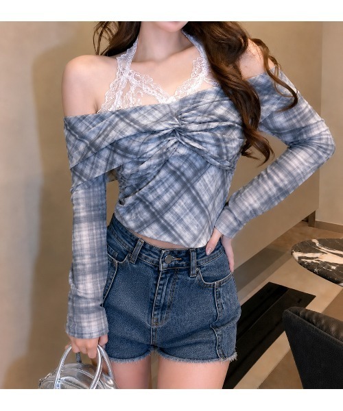 VIBGYOR(ヴィブジョー)の「レースドッキングオフショルチェックカットソー(CZ)(Tシャツ/カットソー・レディース・ライトブルー/パープル系/ブルー/パープル・FREE)」の5枚目の写真
