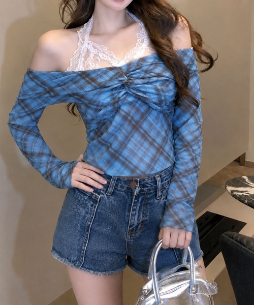 VIBGYOR(ヴィブジョー)の「レースドッキングオフショルチェックカットソー(CZ)(Tシャツ/カットソー・レディース・ライトブルー/パープル系/ブルー/パープル・FREE)」の7枚目の写真