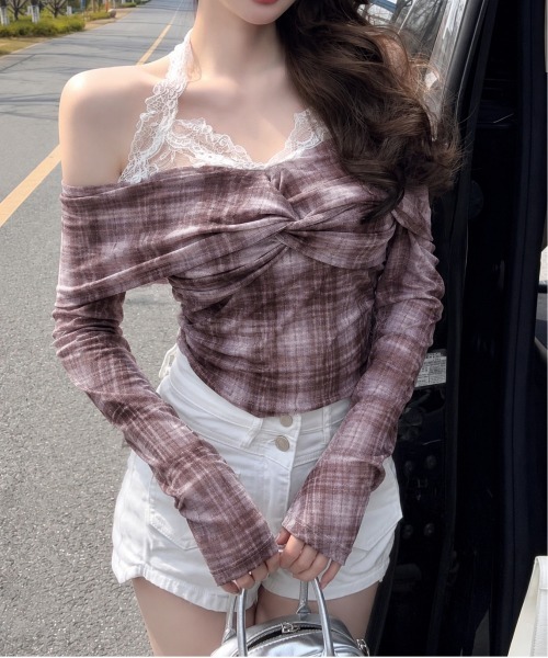 VIBGYOR(ヴィブジョー)の「レースドッキングオフショルチェックカットソー(CZ)(Tシャツ/カットソー・レディース・ライトブルー/パープル系/ブルー/パープル・FREE)」の10枚目の写真