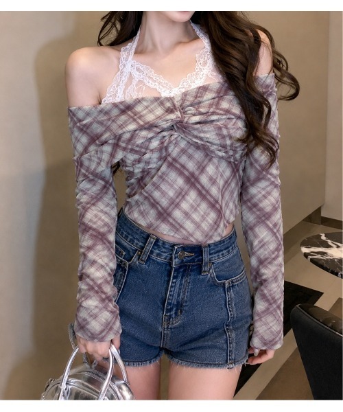 VIBGYOR(ヴィブジョー)の「レースドッキングオフショルチェックカットソー(CZ)(Tシャツ/カットソー・レディース・ライトブルー/パープル系/ブルー/パープル・FREE)」の11枚目の写真