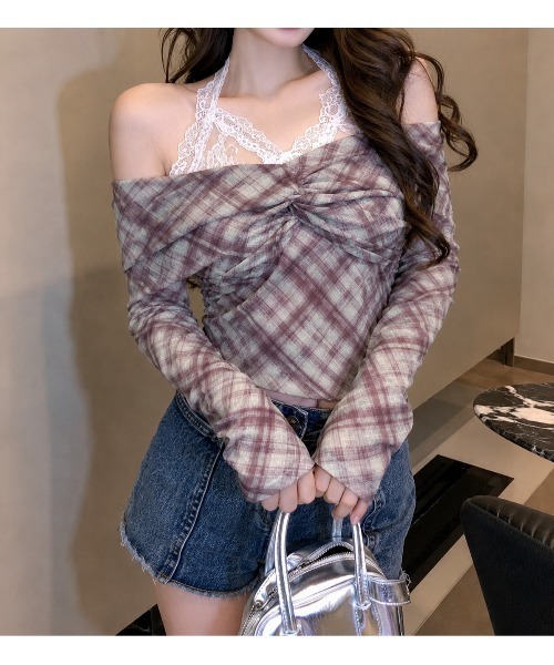 VIBGYOR(ヴィブジョー)の「レースドッキングオフショルチェックカットソー(CZ)(Tシャツ/カットソー・レディース・ライトブルー/パープル系/ブルー/パープル・FREE)」の12枚目の写真