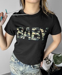 【大優勝トップス買わなきゃ損!】BABYカモフラTシャツ/ 半袖 トレンド ミント ターコイズブルー プチプラ 海外ガール 迷彩 カモ柄 ワンポイント プリント 3カラー ホワイト ブラック ブルー フリーサイズ ストリート ギャル メンズライク