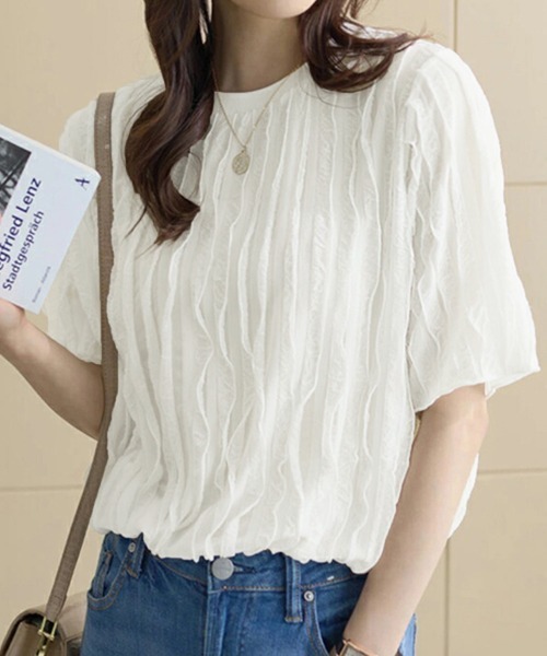 Miniministore（ミニミニストア）の「シアートップスワッシャー楊柳プルオーバー（Tシャツ/カットソー・レディース・ホワイト/ブラック・FREE）」の4枚目の写真
