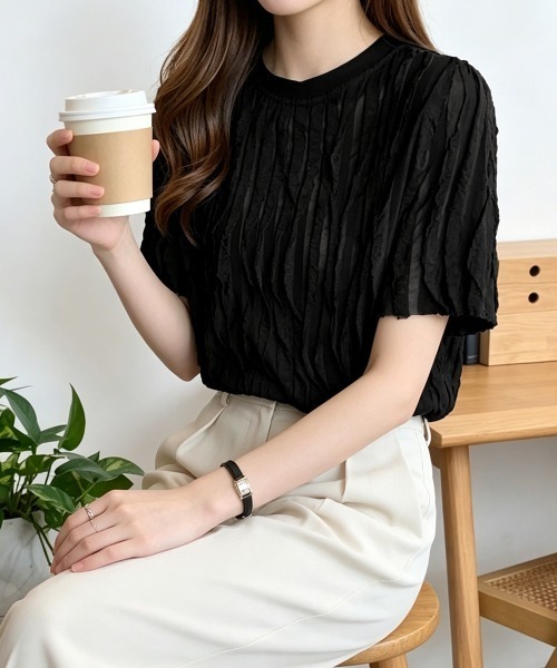 Miniministore（ミニミニストア）の「シアートップスワッシャー楊柳プルオーバー（Tシャツ/カットソー・レディース・ホワイト/ブラック・FREE）」の15枚目の写真